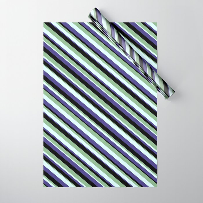 Dark Sea Green, Light Cyan, Dark Slate Blue, and Black Colored Pattern of Stripes Wrapping Paper