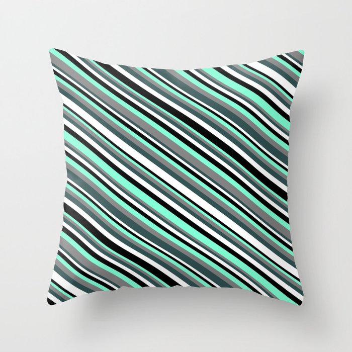Eyecatching Aquamarine, Gray, Dark Slate Gray, White & Black Colored Striped Pattern Throw Pillow