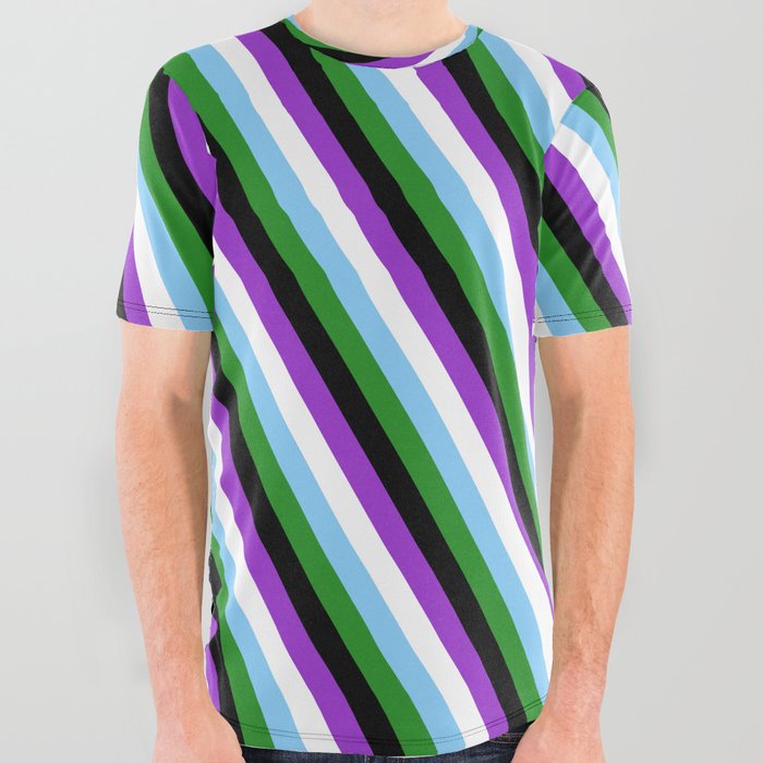 Eye-catching Dark Orchid, White, Light Sky Blue, Forest Green, and Black Colored Stripes Pattern All Over Graphic Tee