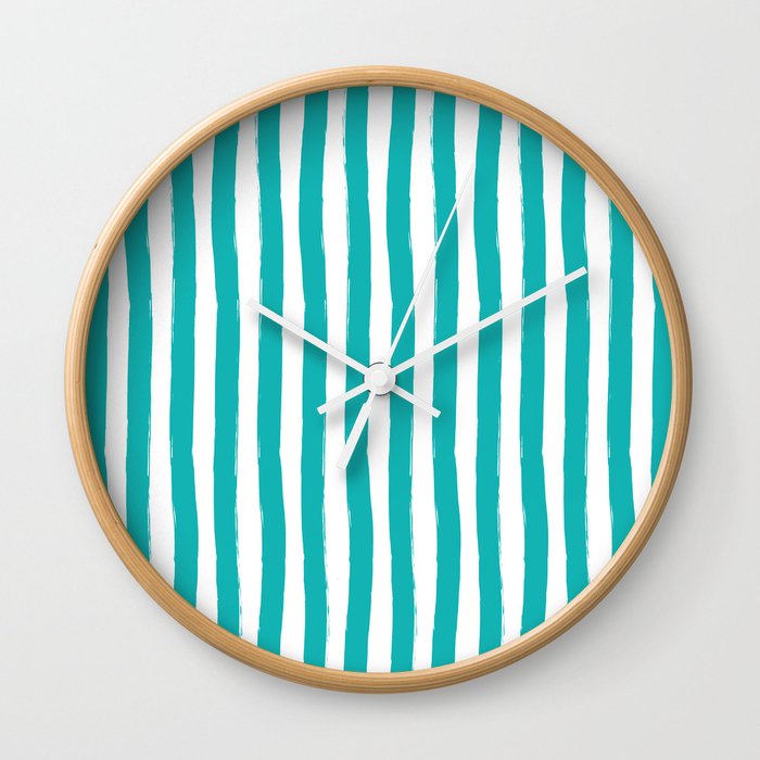 Turquoise and White Cabana Stripes Palm Beach Preppy Wall Clock