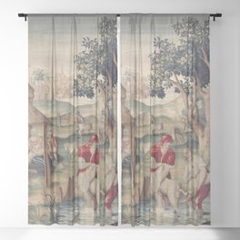 Antique 17th Century Sheep Farming Pastoral Tapestry Sheer Curtain