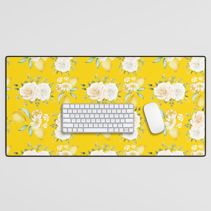 Lemons and White Flowers Pattern On Yellow Background Desk Mat
