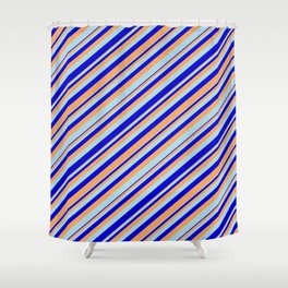 [ Thumbnail: Brown, Light Blue, and Blue Colored Lines Pattern Shower Curtain ]