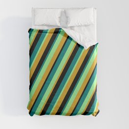 [ Thumbnail: Green, Goldenrod, Black, and Teal Colored Lined/Striped Pattern Duvet Cover ]