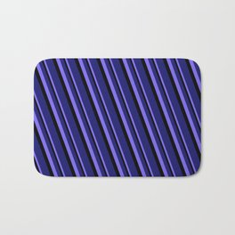 [ Thumbnail: Medium Slate Blue, Black, and Midnight Blue Colored Stripes Pattern Bath Mat ]