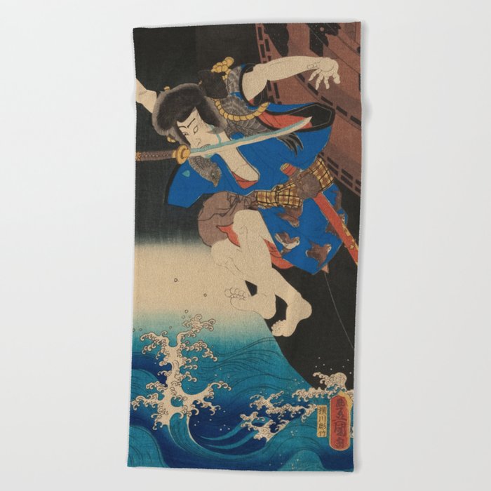 Samurai Jumping From The Ship Into The Sea - Antique Japanese Ukiyo-e Woodblock Print Art Beach Towel