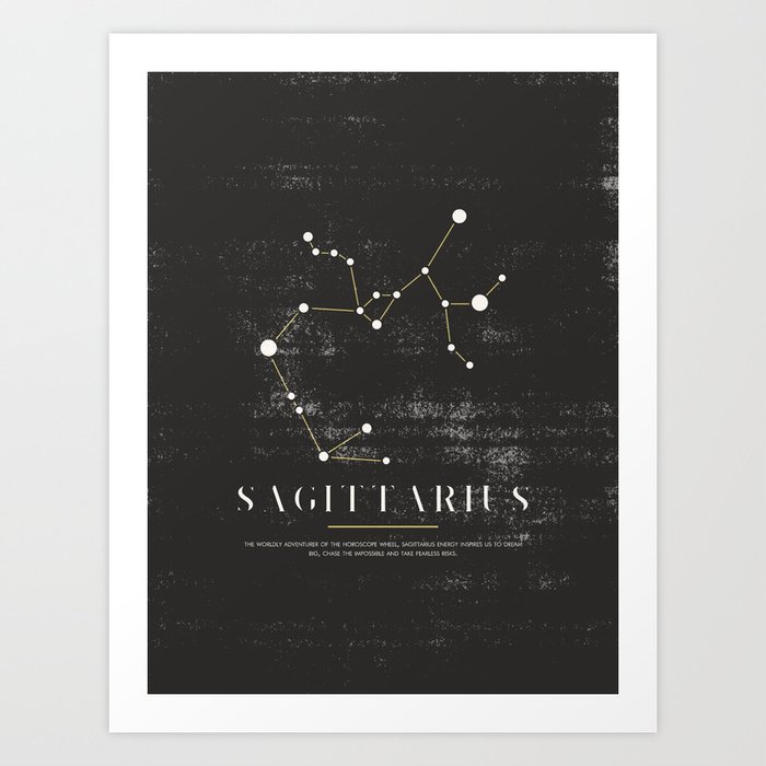 Sagittarius Zodiac Sign Constelation - Black and White Aesthetic - Grunge Art Print