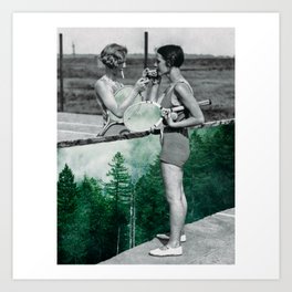 Two women playing tennis and smoking. Collage Art. Art Print