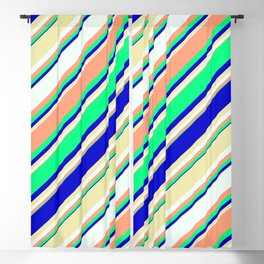 [ Thumbnail: Eyecatching Light Salmon, Green, Blue, Pale Goldenrod, and Mint Cream Colored Lines Pattern Blackout Curtain ]