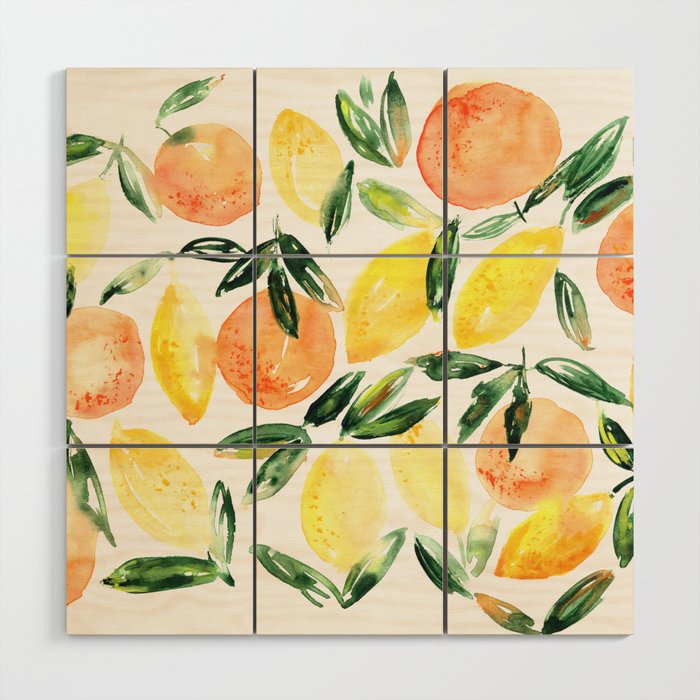Sicilian orchard: lemons and oranges in watercolor, summer citrus Wood Wall Art