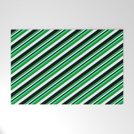 [ Thumbnail: Green, Forest Green, Light Cyan & Black Colored Lines/Stripes Pattern Welcome Mat ]