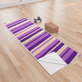 [ Thumbnail: Beige, Indigo & Orchid Colored Lines Pattern Yoga Towel ]