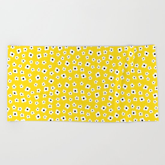 White Yellow Spring Flower Pattern Beach Towel