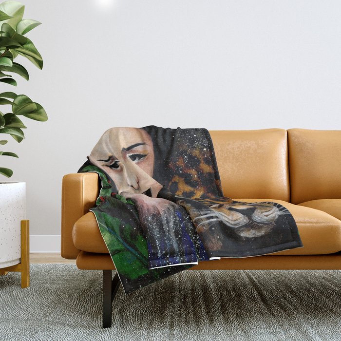 Fierce Beauty / Woman Portrait Painting Asian Jaguar Jungle Stars Tropical Rainforest Fur Flower  Throw Blanket