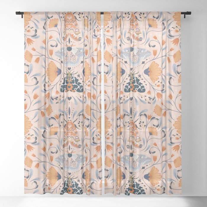 Floral Moths | Peach Sheer Curtain by Rebecca Flaherty | Society6