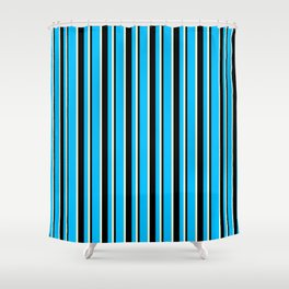 [ Thumbnail: Deep Sky Blue, Black, and Light Yellow Colored Lines Pattern Shower Curtain ]