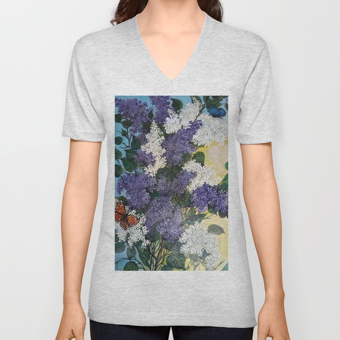 Lilac blooming tree with butterflies decorative oil painting V Neck T Shirt