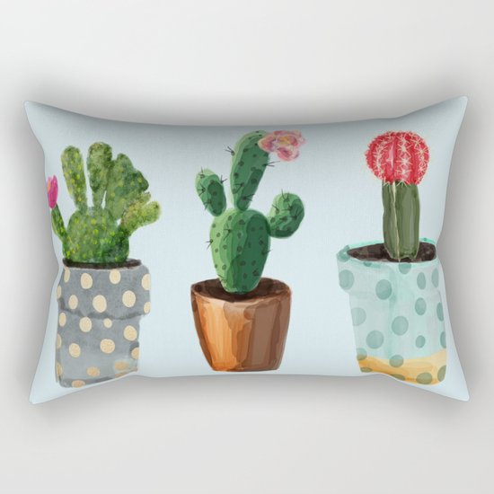 Three Cacti With Flowers On Light Blue Background Rectangular Pillow