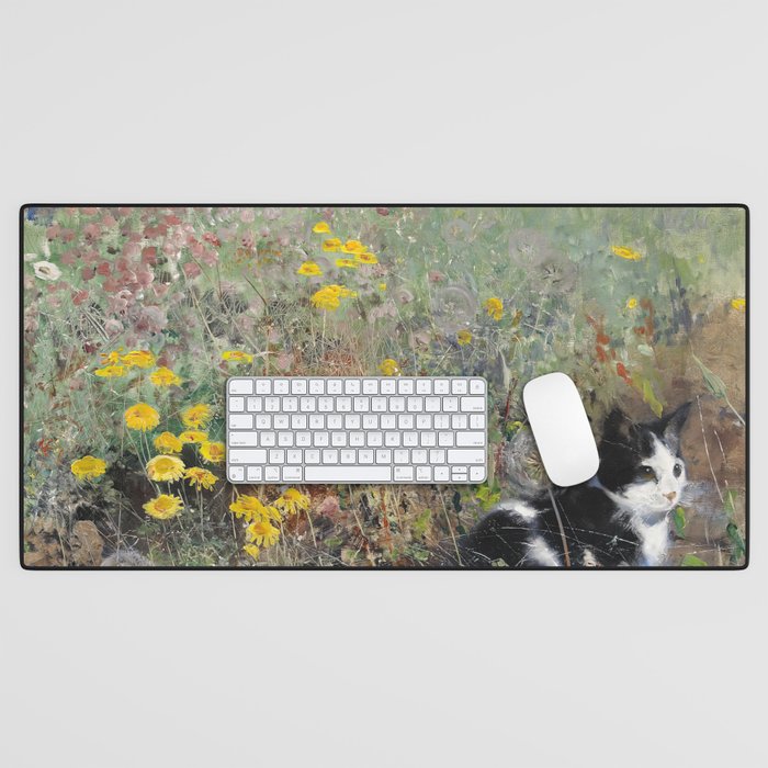 Cat on flowerbed - Bruno 'Liljefors Katt på blomsteräng' Desk Mat