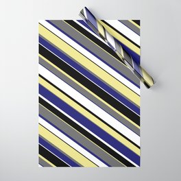 [ Thumbnail: Eye-catching Tan, Dim Gray, Midnight Blue, White, and Black Colored Pattern of Stripes Wrapping Paper ]