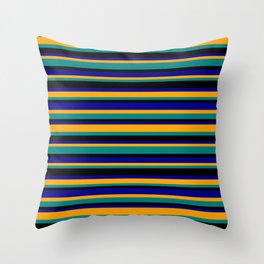 [ Thumbnail: Orange, Teal, Black, and Dark Blue Colored Stripes/Lines Pattern Throw Pillow ]