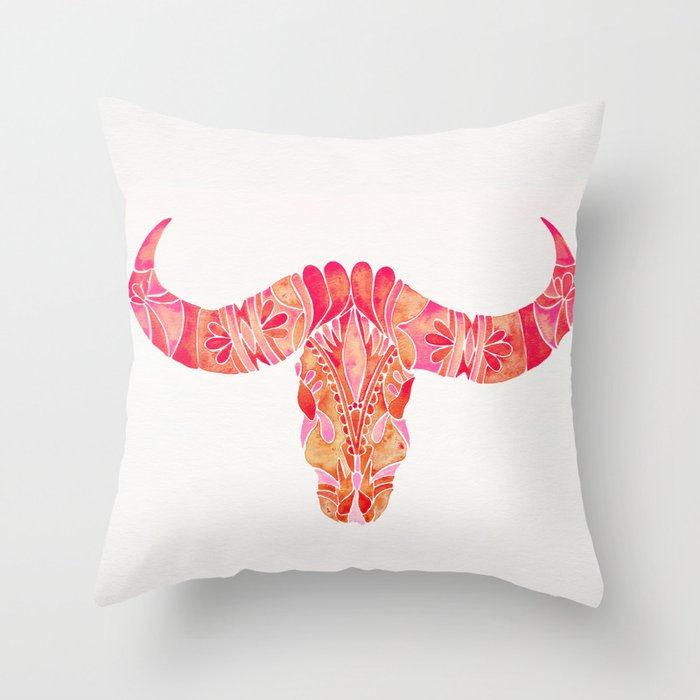 Water Buffalo Skull – Pink Ombré Throw Pillow