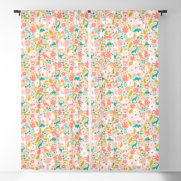 Dinosaurs + Unicorns in Pink + Teal Blackout Curtain