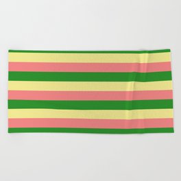 [ Thumbnail: Tan, Light Coral, and Forest Green Colored Lined Pattern Beach Towel ]