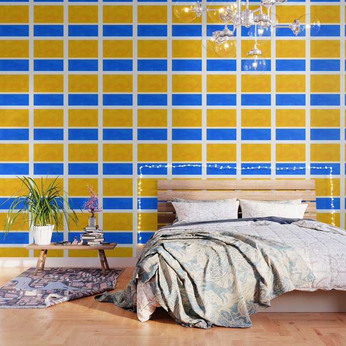 Primary Yellow Cerulean Blue Mid Century Modern Abstract Minimalist Rothko Color Field Squares Wallpaper