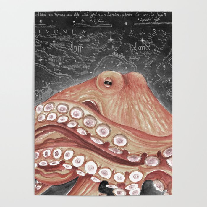 Octopus Kraken Red Vintage Map Distressed Nautical Marine Art Poster