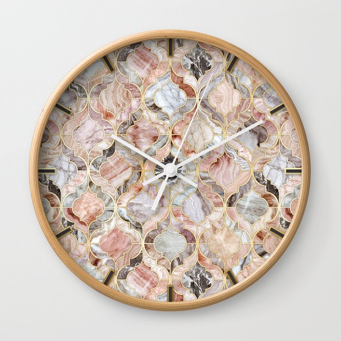 Rosy Marble Moroccan Tile Pattern Wall Clock