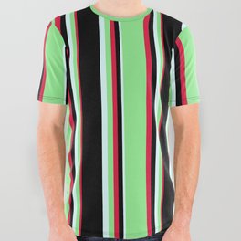 [ Thumbnail: Crimson, Light Green, Light Cyan, and Black Colored Pattern of Stripes All Over Graphic Tee ]
