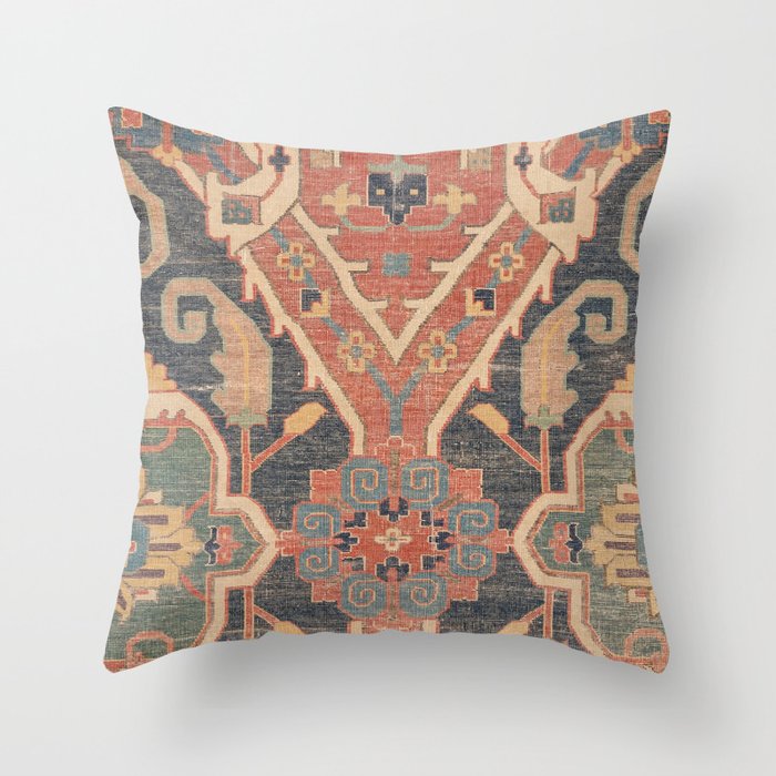 Geometric Leaves IV // 18th Century Distressed Red Blue Green Colorful Ornate Accent Rug Pattern Throw Pillow
