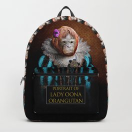 Portrait of Lady Oona Orangutan Backpack | Brown, Collage, Painting, Surreal, Gold, Ape, Animal, Blue, Apparel, Pink 