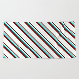 [ Thumbnail: Cyan, Dark Red & Mint Cream Colored Stripes Pattern Beach Towel ]