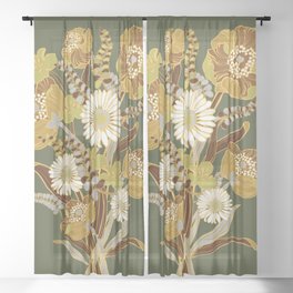 70s, flowers, green, retro, vintage, floral bouquet, olive green Sheer Curtain
