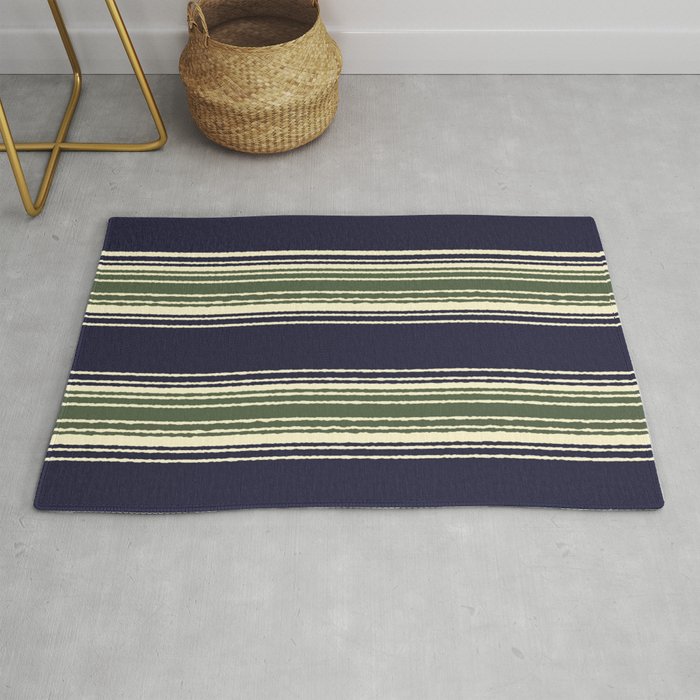 Navy blue and sage green stripes Rug by dayone Society6