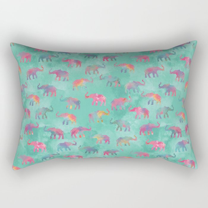 Elephants on Parade Watercolor Green Rectangular Pillow