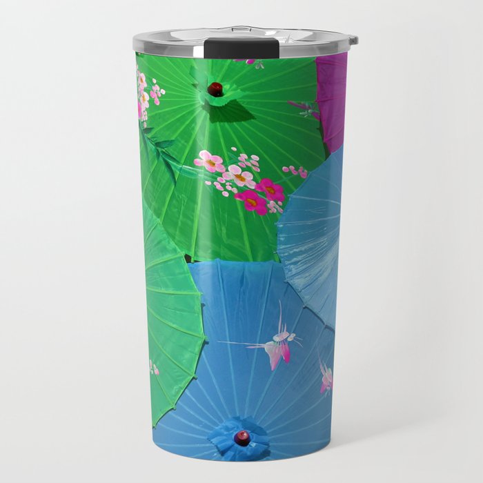 Multi-colored Chinese umbrellas / parasols with tropical pink flower petals color photograph / photography for home and wall decor Travel Mug