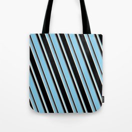 [ Thumbnail: Sky Blue, Beige, Black, and Grey Colored Stripes Pattern Tote Bag ]