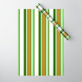 [ Thumbnail: Dark Goldenrod, Green, White & Dark Green Colored Striped Pattern Wrapping Paper ]