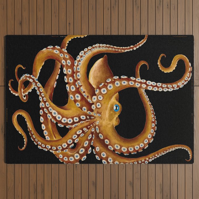 Brown Octopus Blue Eye Black Watercolor Outdoor Rug by Seven Sirens Studios
