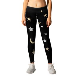 Gold and silver moon and star pattern on black background Leggings | Night, Luxury, Moon, Pattern, Childish, Silverandgold, Star, Astronomy, Crescentmoon, Black 