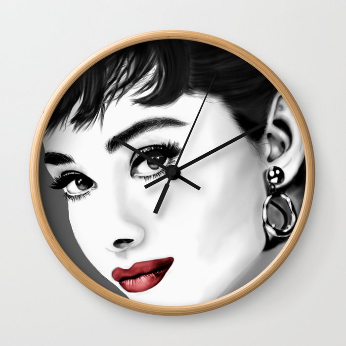 Audrey Hepburn gray-scale with red lips Wall Clock