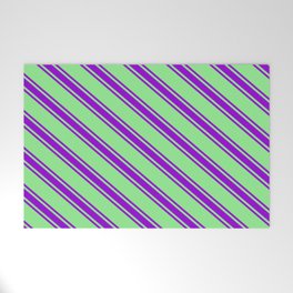 [ Thumbnail: Light Green & Dark Violet Colored Lines/Stripes Pattern Welcome Mat ]
