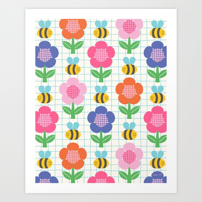 Cute Bees Flowers Kids Fun Art Print
