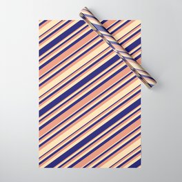 [ Thumbnail: Dark Salmon, Beige, and Midnight Blue Colored Pattern of Stripes Wrapping Paper ]