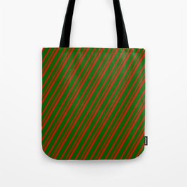 [ Thumbnail: Dark Green & Red Colored Lines Pattern Tote Bag ]