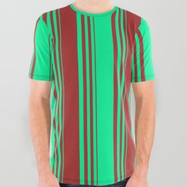 [ Thumbnail: Green & Brown Colored Striped/Lined Pattern All Over Graphic Tee ]