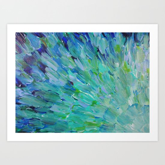 SEA SCALES - Beautiful Ocean Theme Peacock Feathers Mermaid Fins Waves Blue Teal Color Abstract Art Print